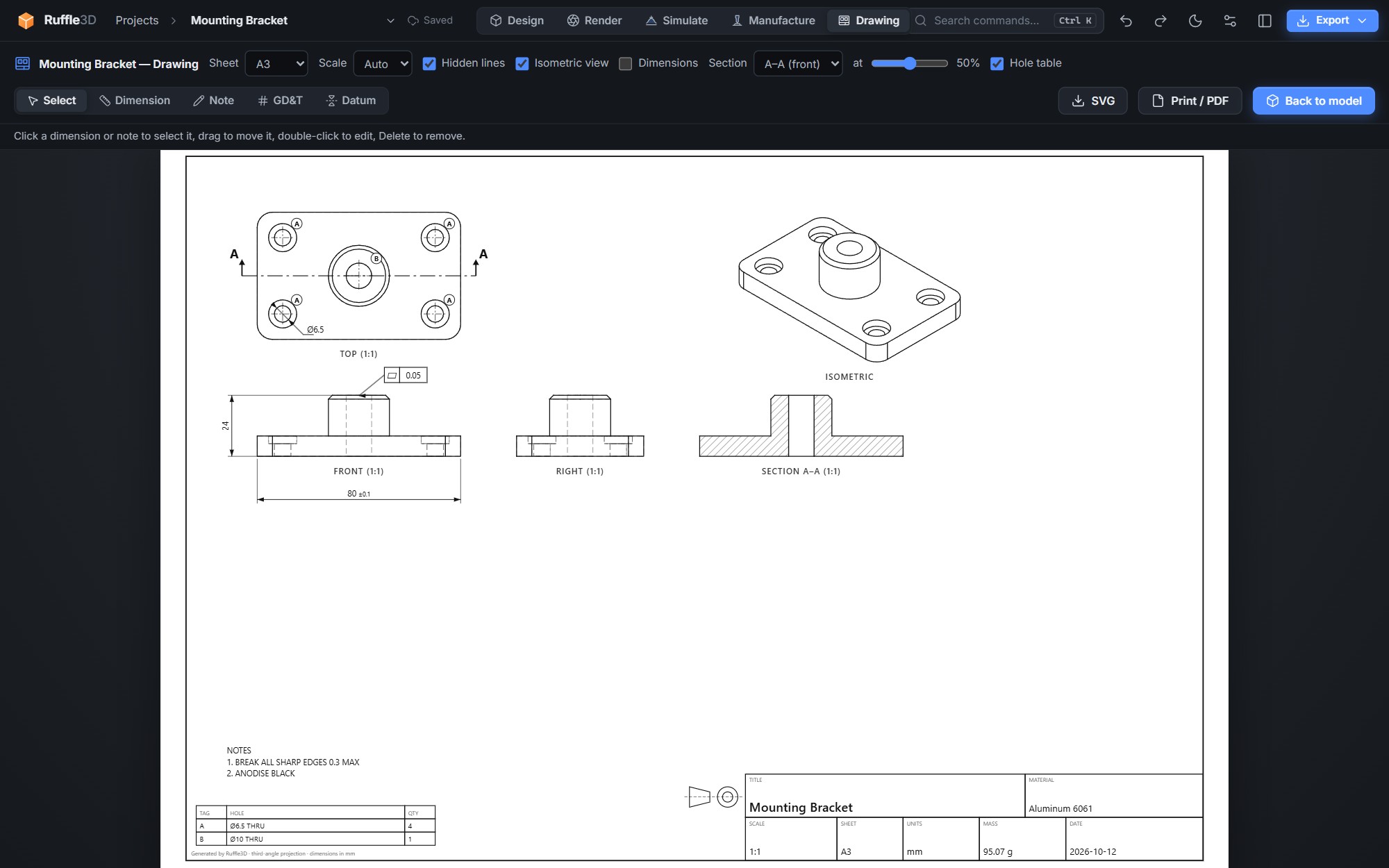 Engineering drawing of the bracket with top, front, right and isometric views