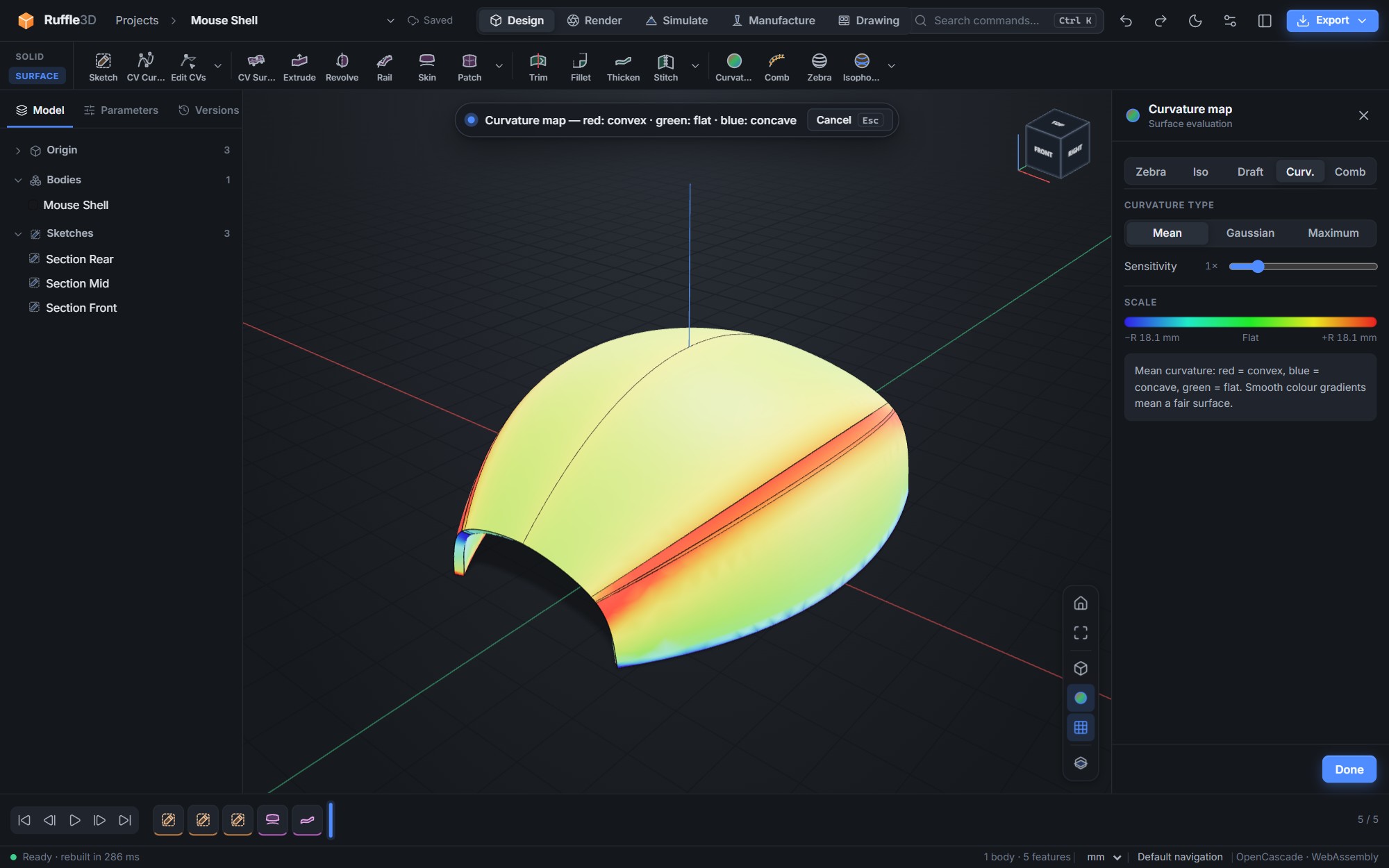 Mean curvature map on a surfaced computer mouse shell